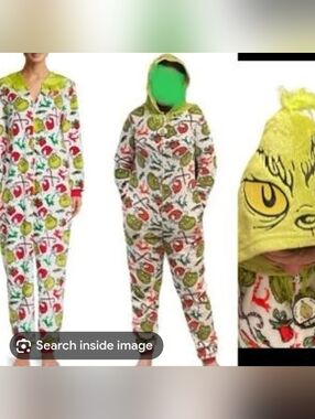 Women’s Green and White Grinch Print Hooded One-Piece Pajamas